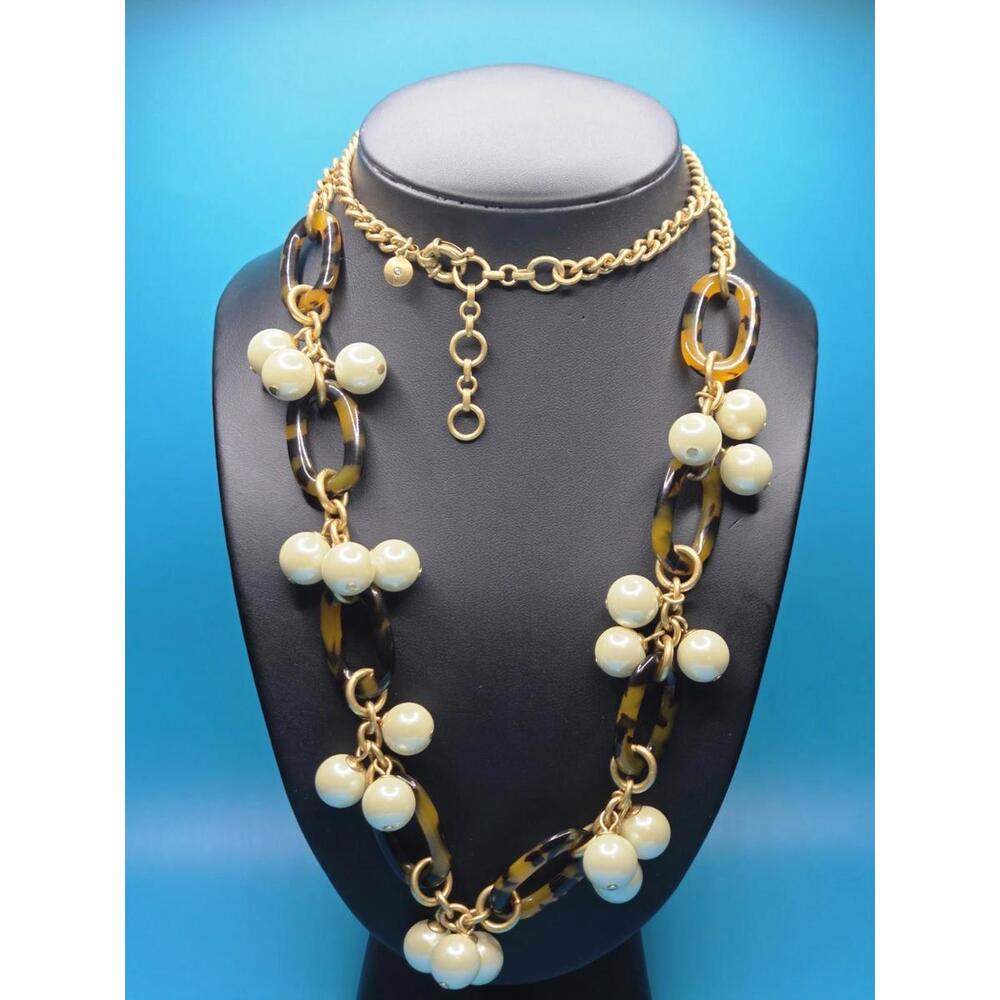 J.Crew Faux Pearl Tortoise Shell Link Statement Necklace Gold Chain 32" Boho Chi
